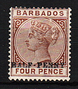 Барбадос, 1892, Стандарт, Королева Виктория, Надпечатка нового номинала, 1 марка